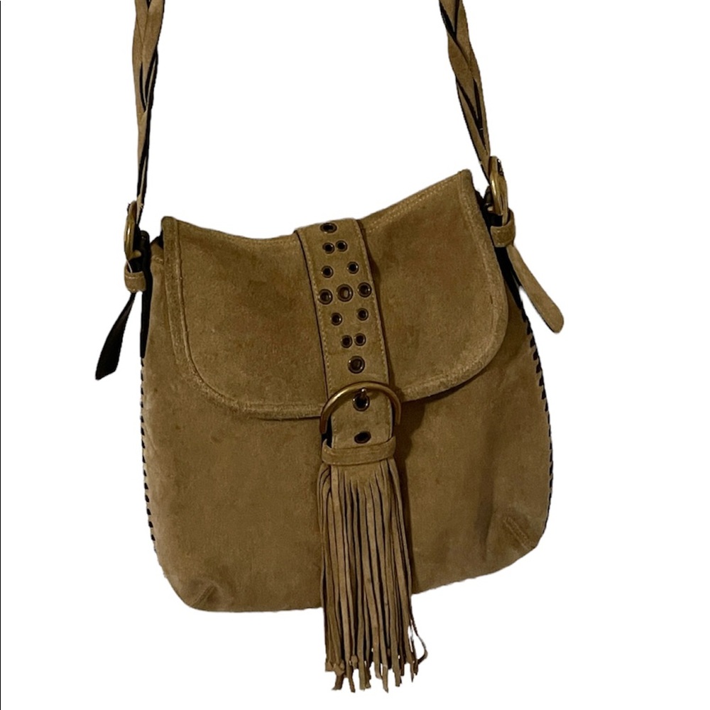 VTG Game Brown Shoulder Crossbody Bag Coach Fringe Suede Beige System H3S-9484